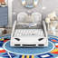 Lit plateforme simple en forme de voiture de course avec roues, blanc