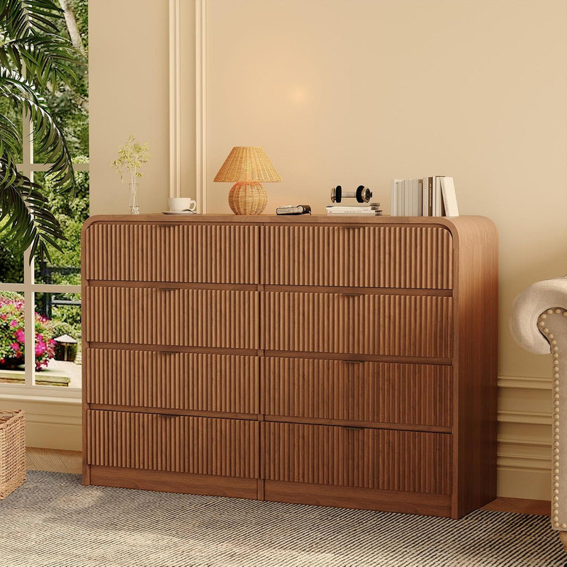 Ebern Designs Fluted 8-Drawer Tall Dresser – Modern Walnut Wood Chest ...