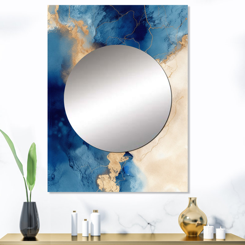 Mikhai Blue and Gold Marble Clouds VII - Fractals Unique Wall Mirror, Modern Mirror, Printed Metal Art, 40" x 30"