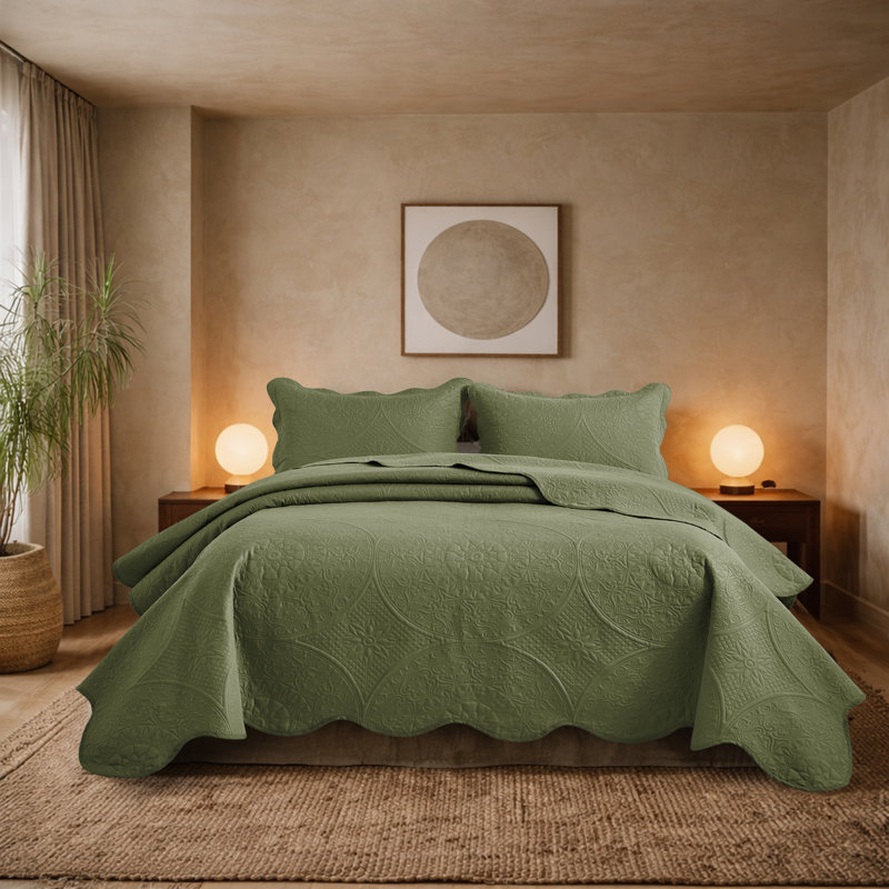 Floral Embossed Microfiber Quilted Bedspread Set, Twin Coverlet/Bedspread + 1 Standard Pillowcase, Olive Green