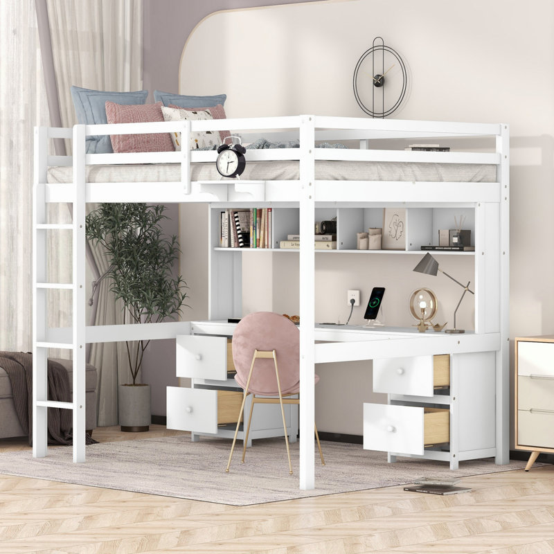 Loft Bed With Desk, Cabinets, Drawers And Charging Station
