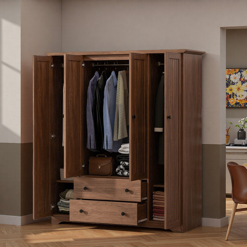 Armoire-penderie classique avec 4 portes, 2 tiroirs, tringles suspendues et rayures verticales, Brun