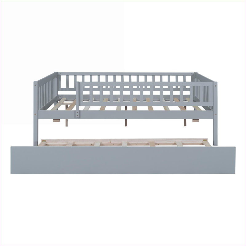 Two Person Full Size Platform Daybed, Soft Gray Solid Wood For Bedroom With Pull Out Trundle and Guardrails, Twin, Gray