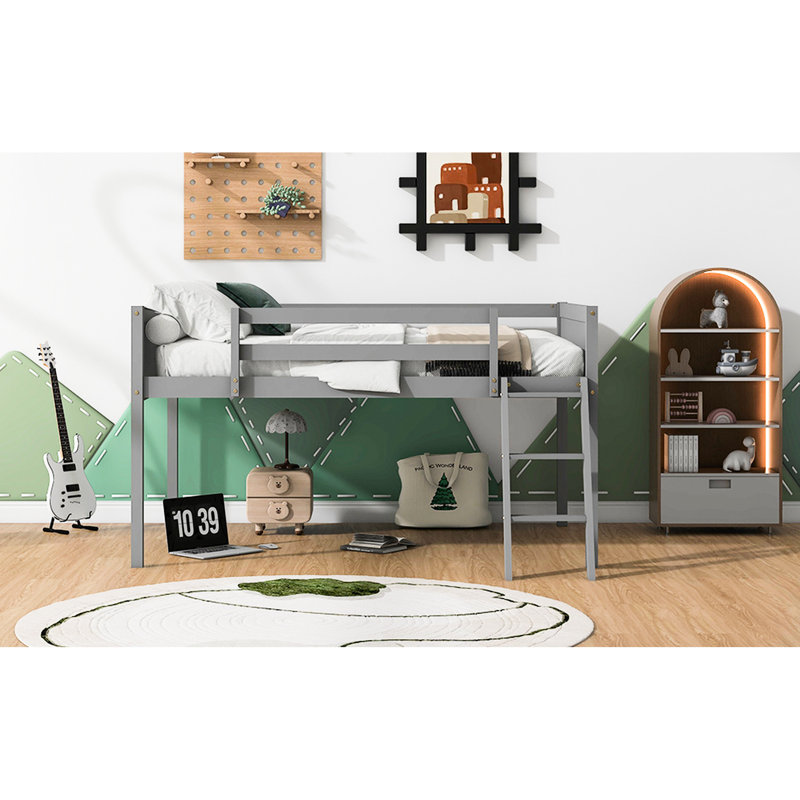Lit mezzanine double en bois gris avec construction, Gris, Lit double