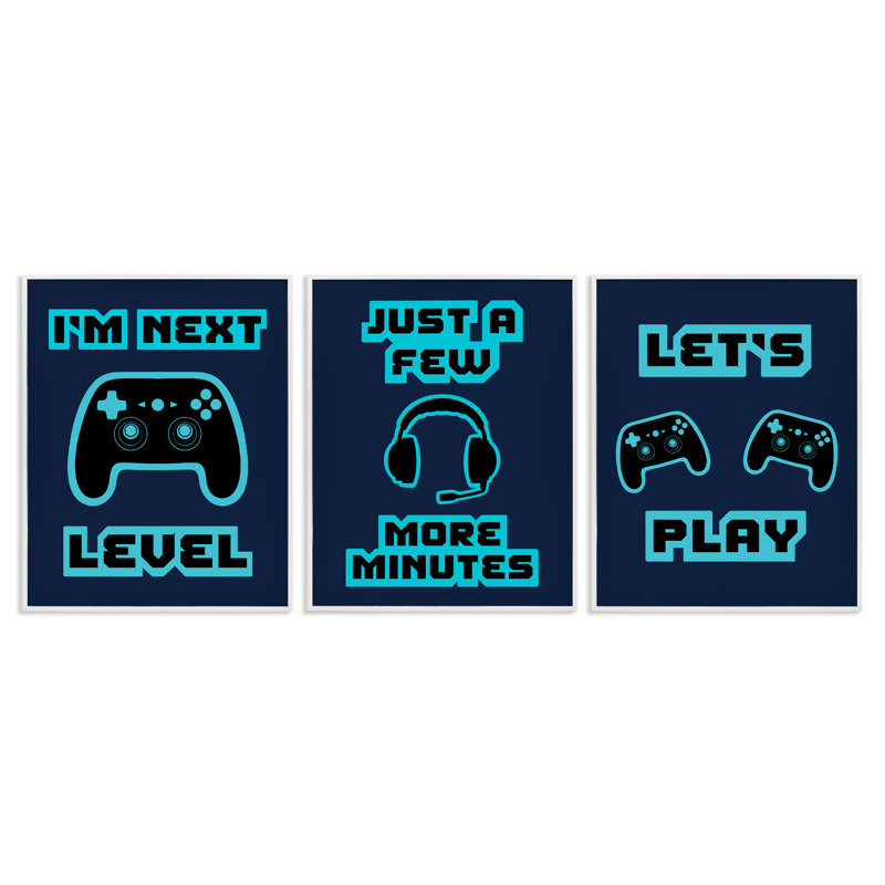 Ensemble de giclées encadrées 3 pièces Retro Blue Gaming Words, design par Marcus Prime, H 30 po x l 24 po