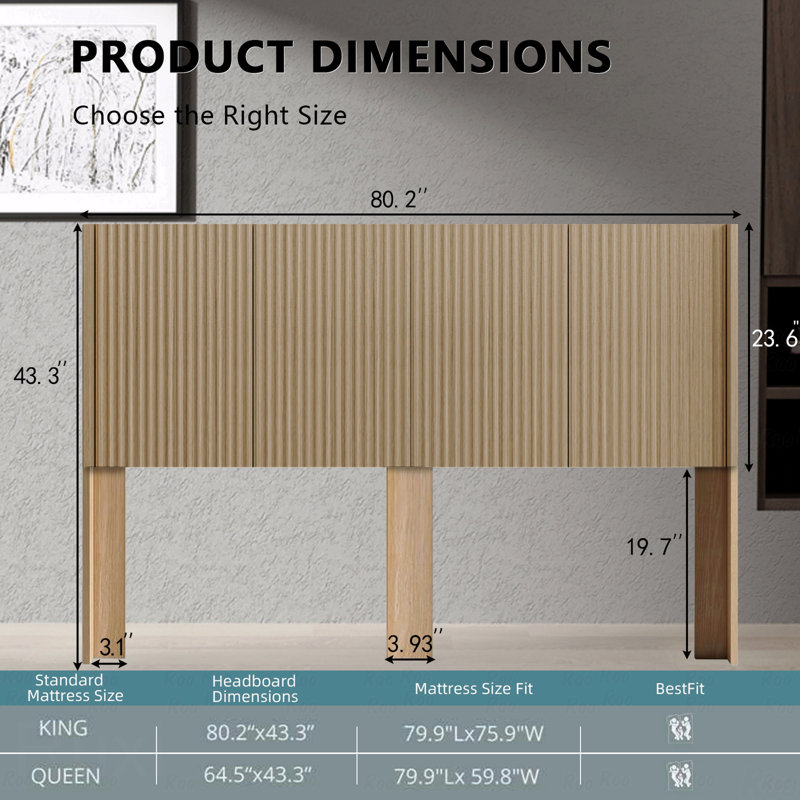 Wood With Headboard Queen Size, 64.4" Wide Wooden Frame Material Queen With Headboard Only, Modern Style Farmhouse With Headboards, Wall Mounted Fluted Panel, Wingback Boho With Headboards