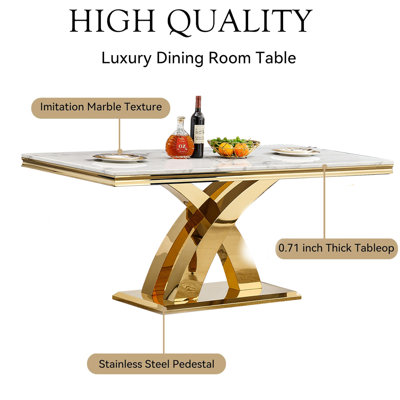 68.11" White Marble Dining Table, Modern Luxury Faux Marble Table with Sickle-Shaped Stainless Steel Pedestal, Rectangular Dining Room Table with 0.71" Thick Printed Marble Top