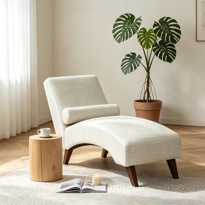 Beige Mid-Century Modern Chaise Lounge Chair with Bolster Pillow, Curved Lounger for Living Room Bedroom Reading Nook, 400 lbs Capacity