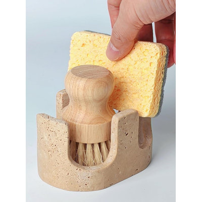 2 Slot Natural Travertine Sponge Holder Beige, Kitchen Sink Storage Drip Catching Counter Organizer