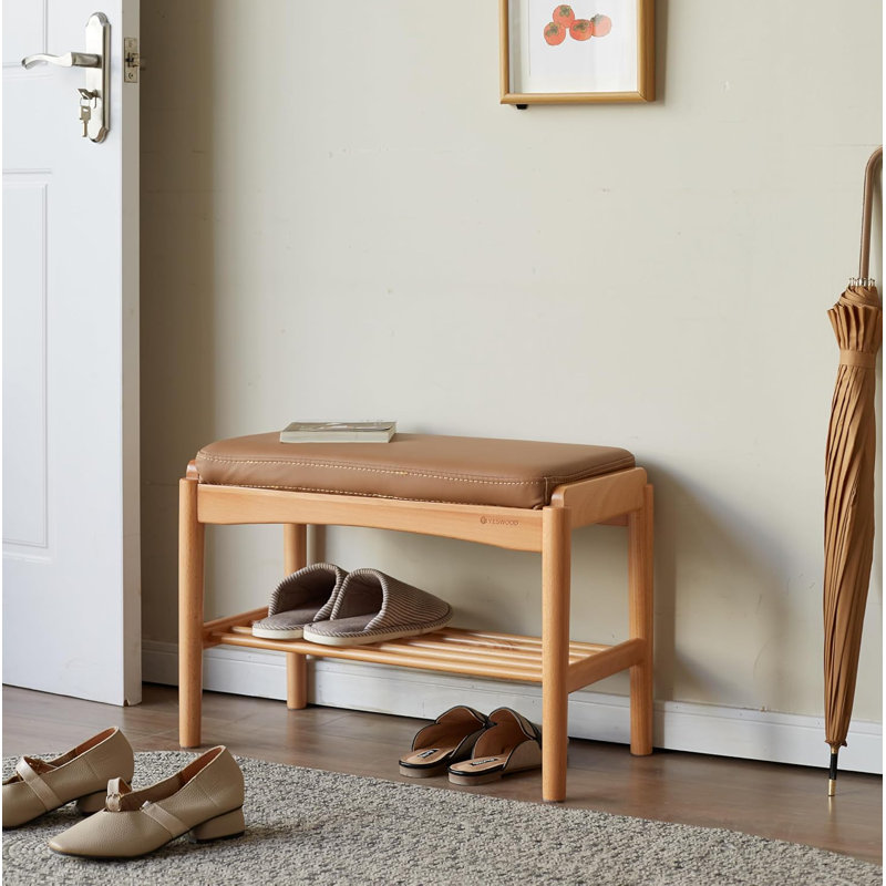 Banc à chaussures rembourré en hêtre massif assemblé, H 16,53 po x l 23,62 po x P 11,8 po, Chêne naturel / brun