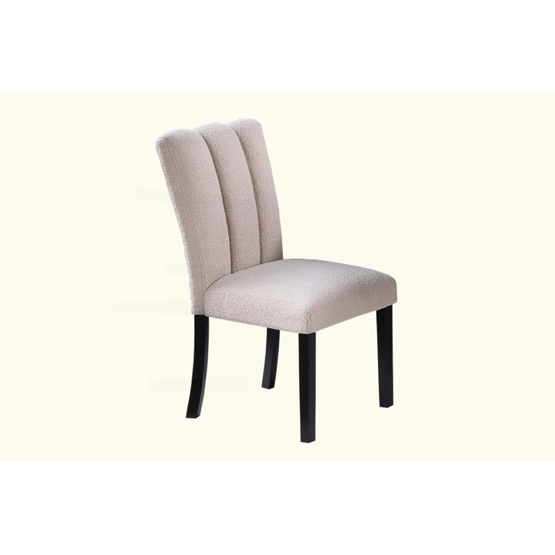 Upholstered Soft Fabric 2Pc Dining Chairs Channel Tufting Neutral Tone Side Chair Black Wooden Legs Dining Room