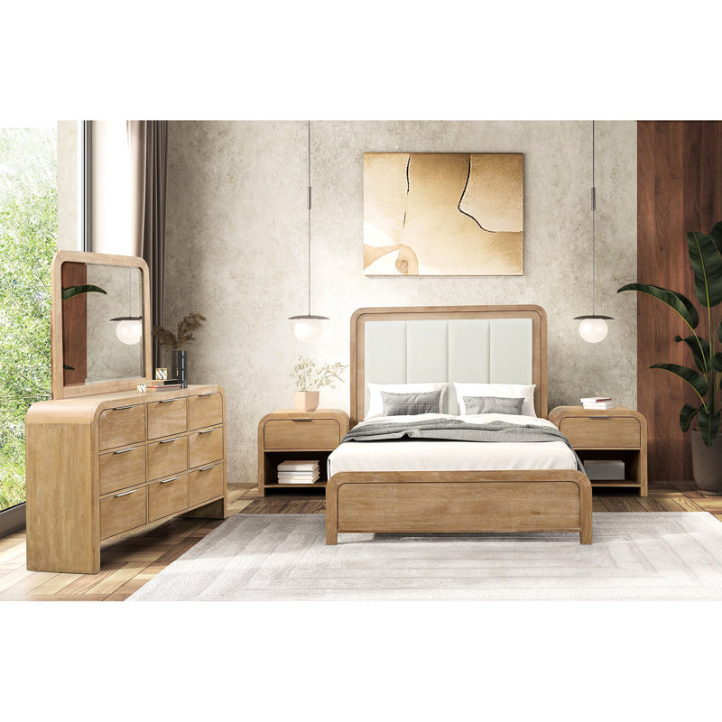 Lit très grand avec tête de lit matelassée, finition naturelle et style transitionnel, fabriqué en bois d'ingénierie en bois d'hévéa massif pour cadre de chambre à coucher en bois d'hévéa, placage de manguier