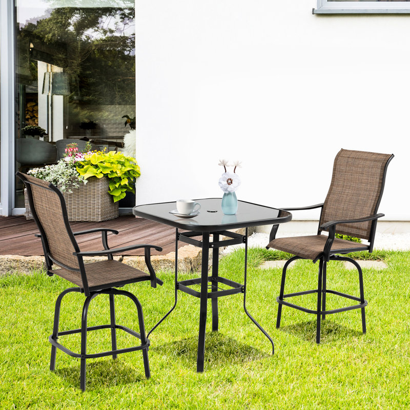 2Pcs Swivel Chairs With For Patio, Brown Steel Frame Outdoor Poolside, Balcony Armrest Bar Stools - Patio Backyard, Structure, Breathable Sling Seat, 23.5" W X 27.46" D 46.44" H, 242 Lbs Weight