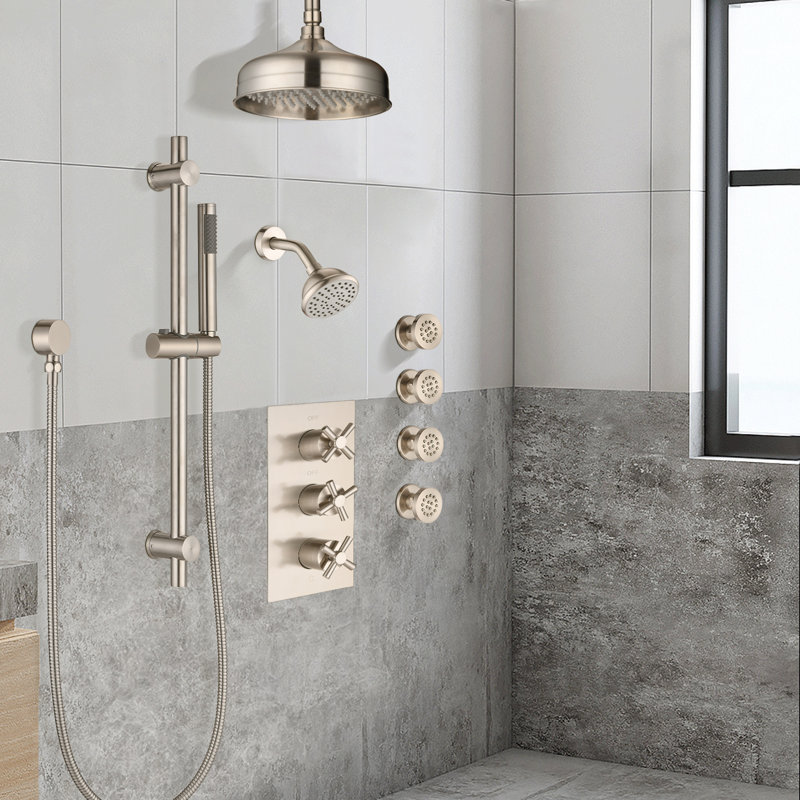 Pomme de douche à 4 jets avec douche à jets de corps en nickel brossé (valve brute incluse)