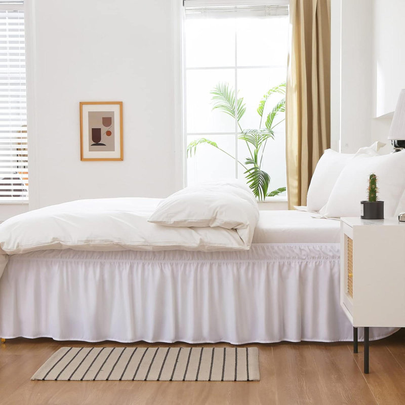 Wrap Around Bed Skirt Three Fabric Sides Elastic Dust Ruffled Tailored Drop,Easy To Install Fade Resistant, Queen/King