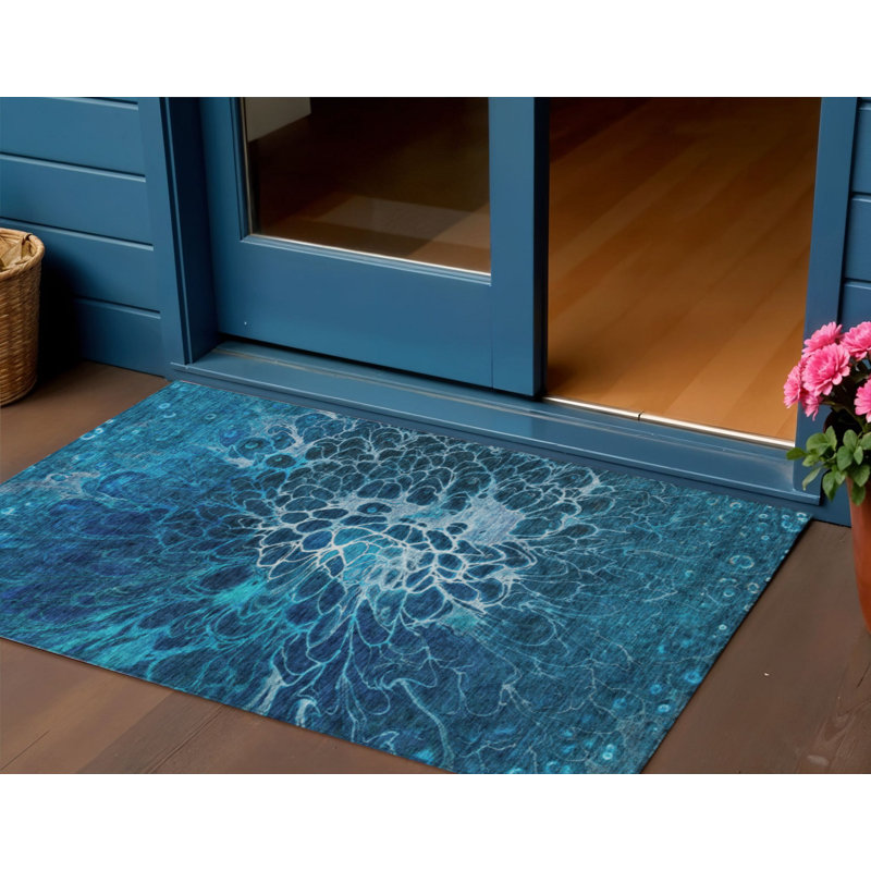 Tapis intérieur lavable abstrait bleu marine et bleu ciel HomeRoots 3 pi x 5 pi
