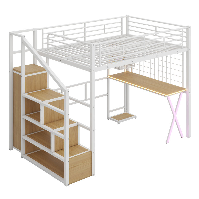 Lit mezzanine en métal avec poste de travail intégré, garde-robe, escalier de rangement et DEL, Double