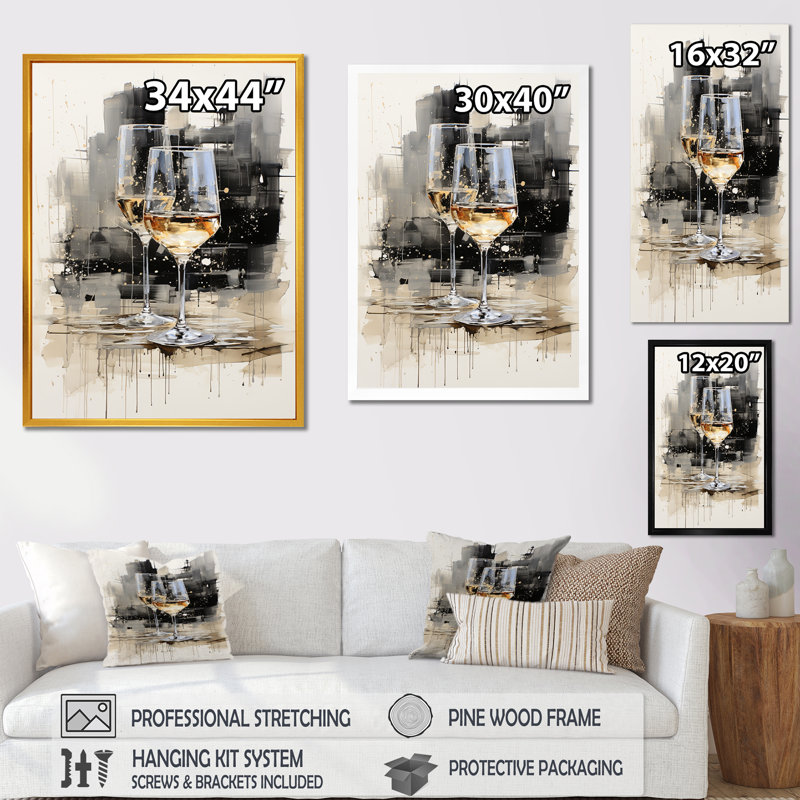 Black And White Champagne Glass Essence II - Champagne Wall Art, 32" H x 24" W x 1" D, Black Single Picture Framed