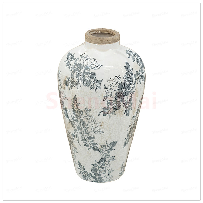 Vase décoratif en céramique blanc avec motif floral gris 6,7 x 6,7 x 11,6 pouces, parfait pour un décor campagnard et rustique