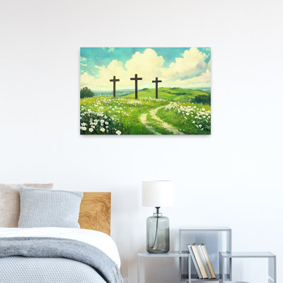 Trois croix en bois, paysage abstrait contemporain, affiche murale représentant la nature