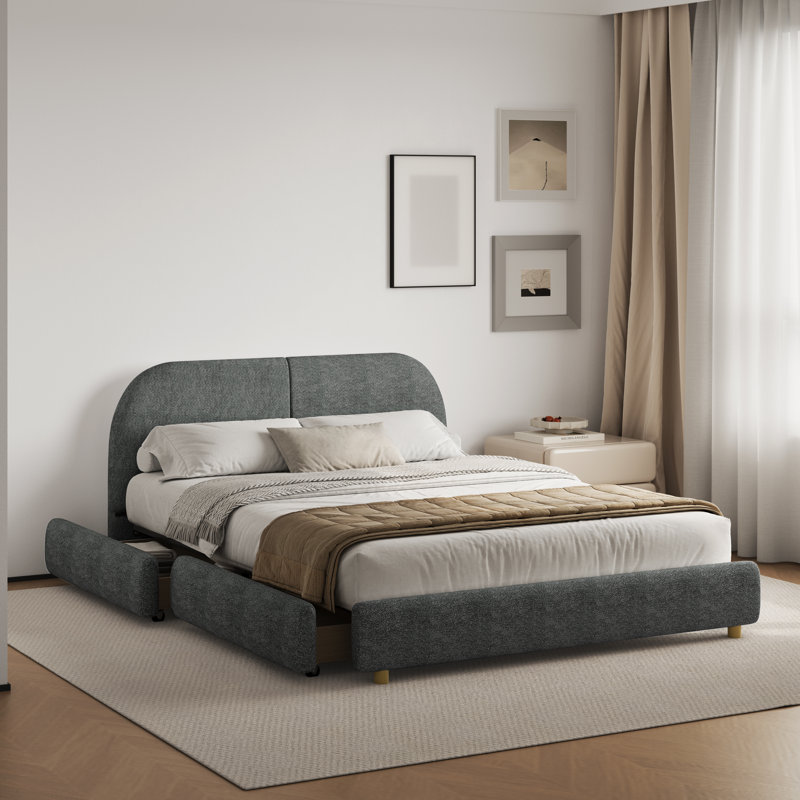 Structure de lit rembourrée Boucle avec tête de lit courbée et tiroirs de rangement sous le lit, Très grand, Gris foncé