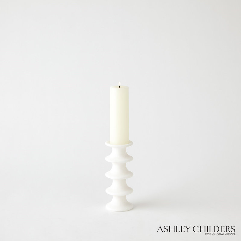 Ridge Alabaster Candlestick-Lg, 7.25" H x 3" W x 3" D, White