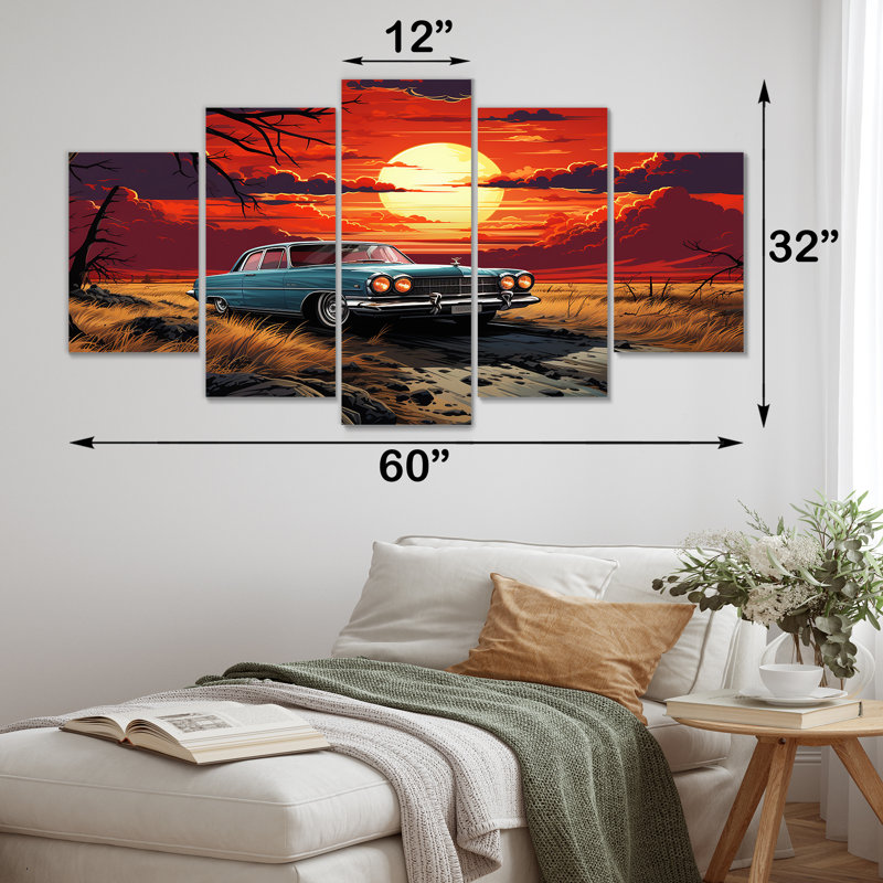 Orange et rose, voiture américaine classique sur la plage II - art mural américain multi-panneaux