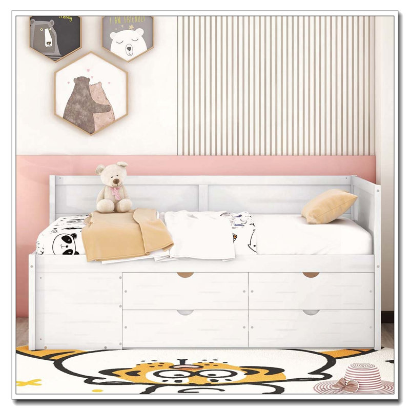 Lit de jour simple avec tiroirs et tablettes, Blanc