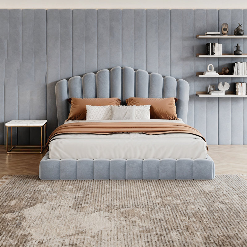 Upholstered Queen Bed, Light Blue