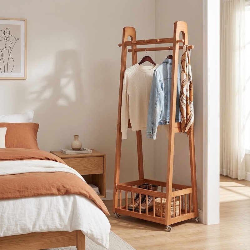 Solid Pine Wood Rolling Garment Rack with Locking Wheels Hooks and Bottom Storage, 23.62"W, Cherry