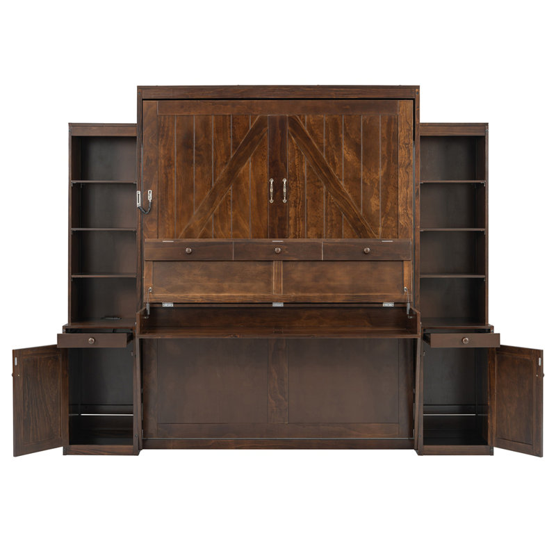 Grand lit escamotable avec bureau et rangement, Marron foncé