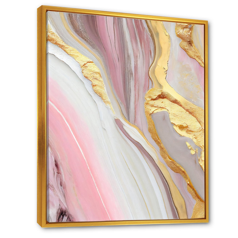 Rose et marbre doré abstrait III - art mural abstrait en marbre, H 32 po x l 16 po x P 1 po, Toile avec cadre flottant or