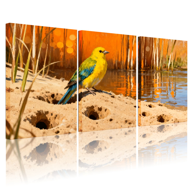 Oiseaux oiseaux jaunes sur un rivage sablonneux avec réflexion sur l'eau, ensemble de 3 impressions sur toile