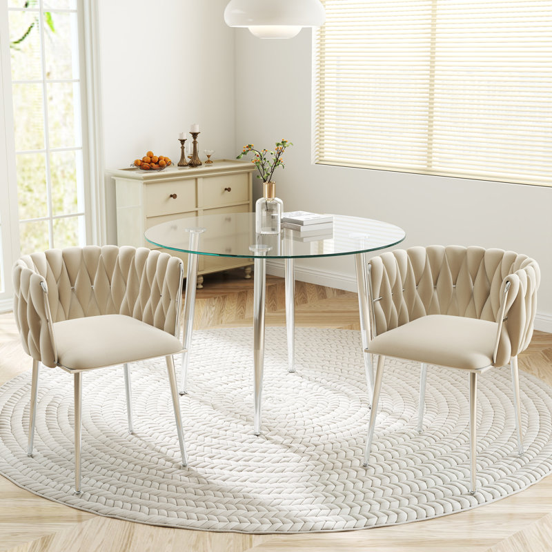 Ensemble de salle à manger rond en verre trempé avec chaise tissée, 3, Beige/Argenté, Argent argent