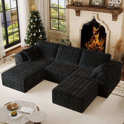 5 - Piece 106.2" W U Shape Sectional Sofa, Cloud Modular Sectional Sofa, Deep Seat Corduroy Boneless With Ottomans, No Need Assembly