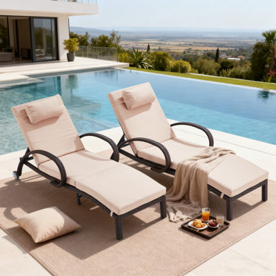 Patio Outdoor Lounge Chairs Set Of 2,Adjustable 5-Position Outdoor Chaise Lounge With Armrests & Wheels For Poolside, Backyard, Deck