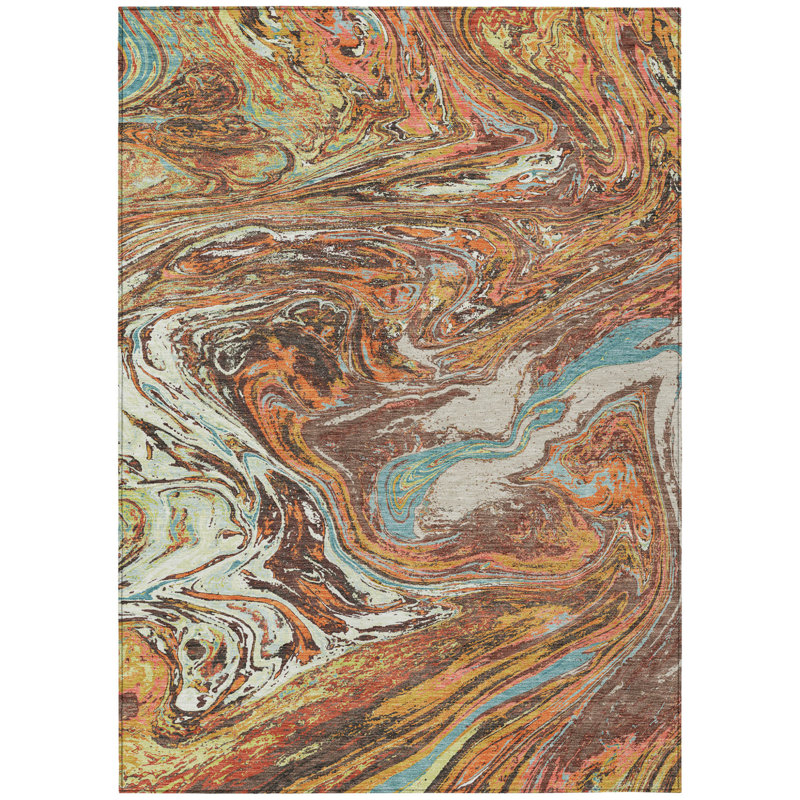 3' X 5' Khaki Brown And Blue Abstract Washable Indoor Outdoor Area Rug