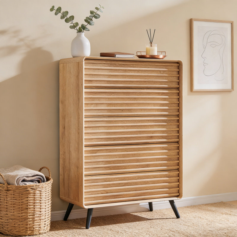 Mid Century Modern Dresser & 5-drawer Storage, Natural Oak