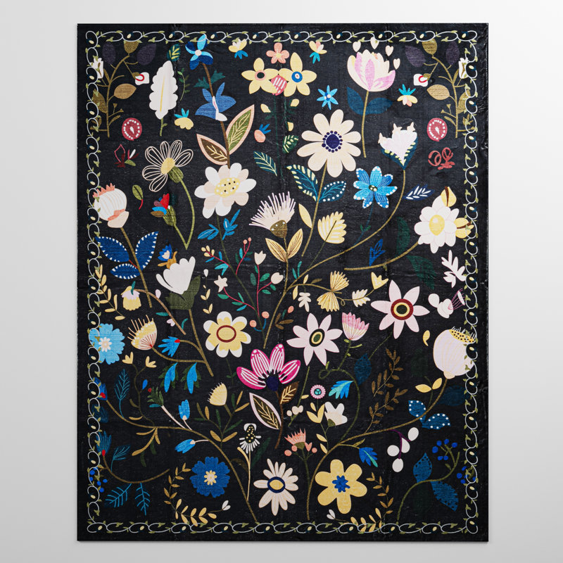 Nature Voja Floral Non-Slip Machine Washable Colorful Modern Area Rug in Black for Living Room, Bedroom, Hallway Runner, Entryway Rugs