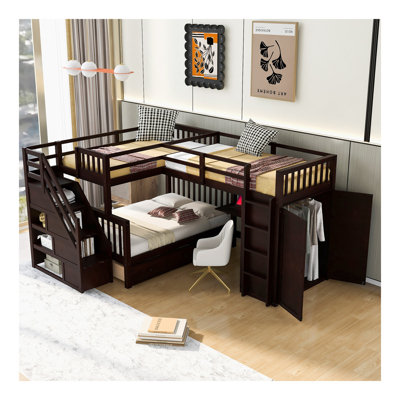 Twin-Twin Over Full L-Shaped Bunk Bed With 3 Drawers, Portable Desk And Wardrobe, Espresso