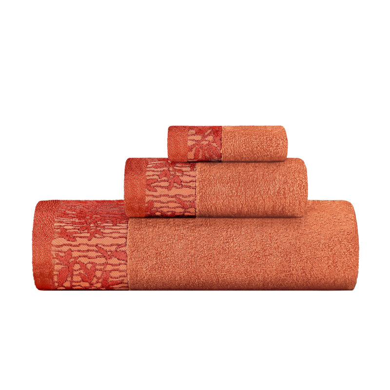 Carinna Cotton Medium Weight Floral Jacquard Border Assorted Bathroom Towel Set, Mandarian, 3 Piece Towel Set