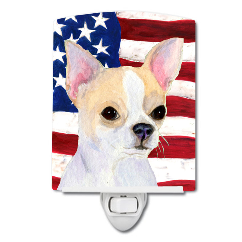 Drapeau américain avec éclairage en céramique terrier fox american, Chihuahua blanc