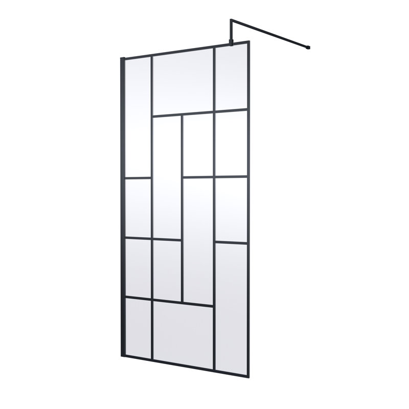 nuie 1000mm Matt Black Abstract Wetroom Screen With Support Bar
