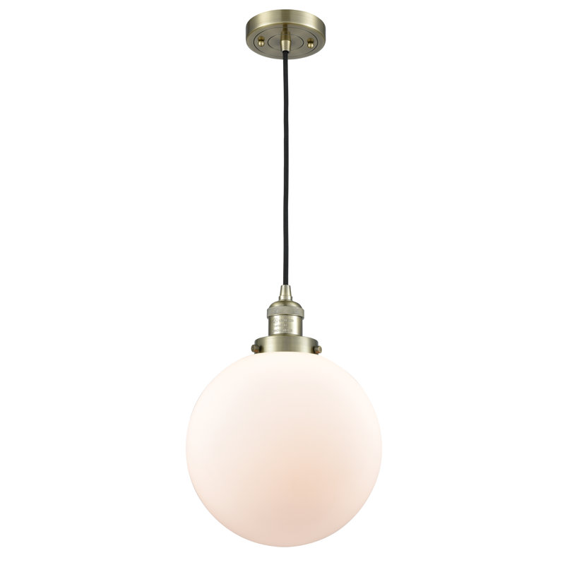Luminaire suspendu sphère simple à 1 lumière Clermont, Blanc mat, Laiton antique, Ampoule incandescente rétro de 60 watts