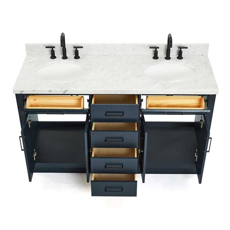 Meuble-lavabo double en bois massif Tidworth avec plateau en marbre de Carrare de 1,5 po, Bleu minuit / noir mat, Ovale