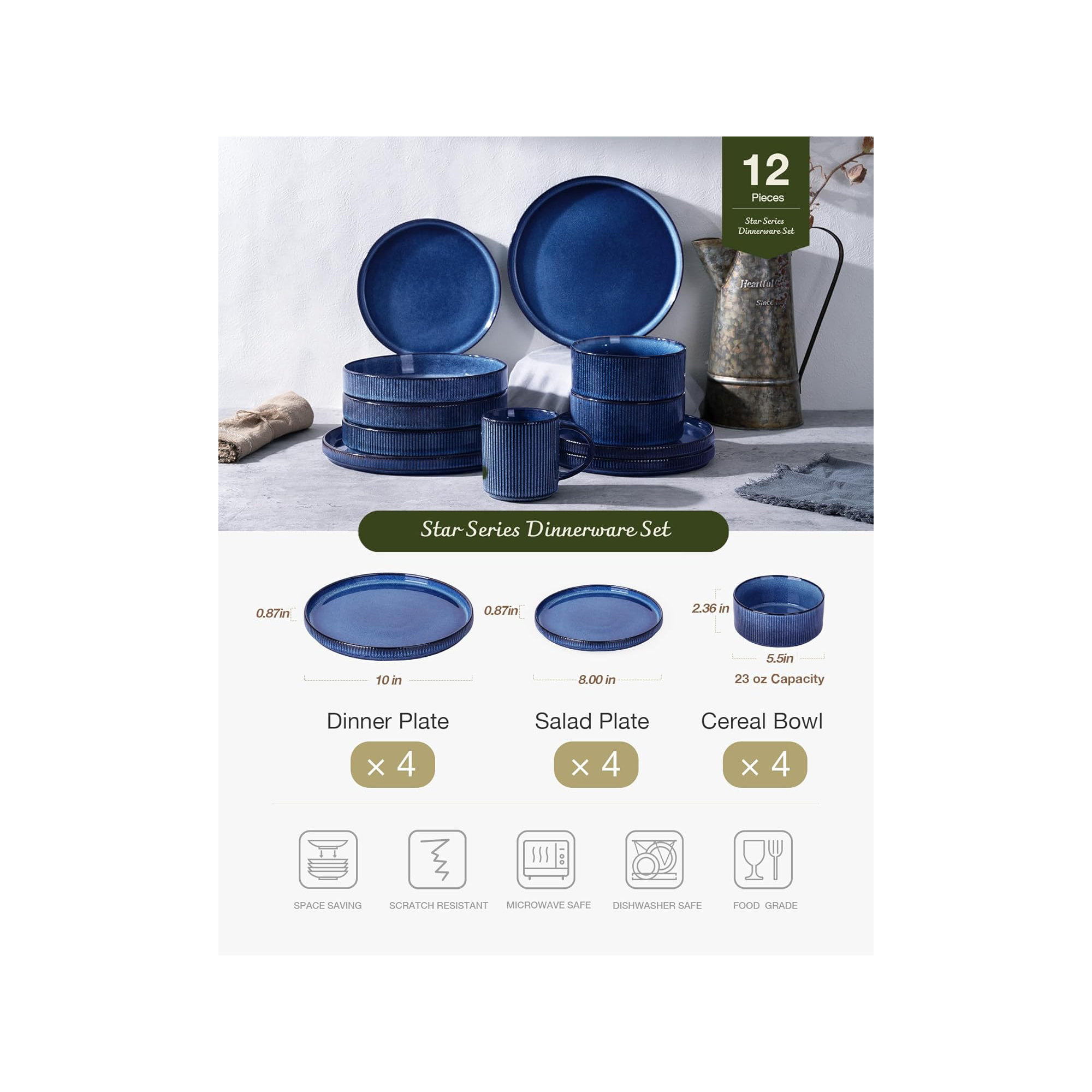 Stoneware Dinnerware Set, Service for 4, Nebulas Blue