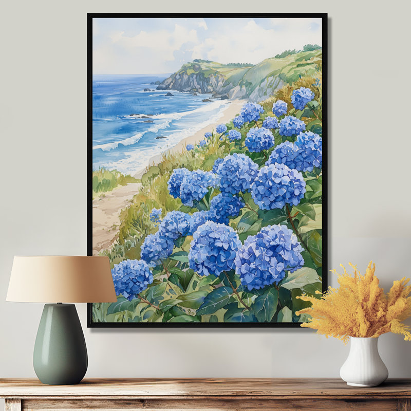 Avasophia hortensias dans un jardin en bord de mer II - hortensia, art mural, Noir, Reproduction avec cadre flottant
