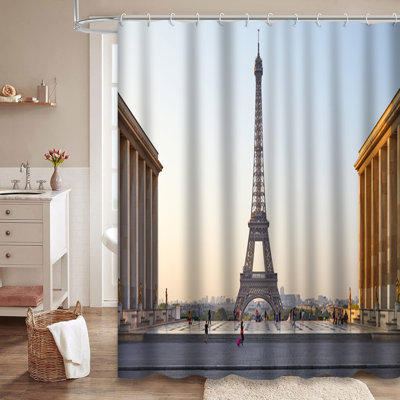 Paris France July Eiffel Tower Morning Shower Curtain with 12 Hooks