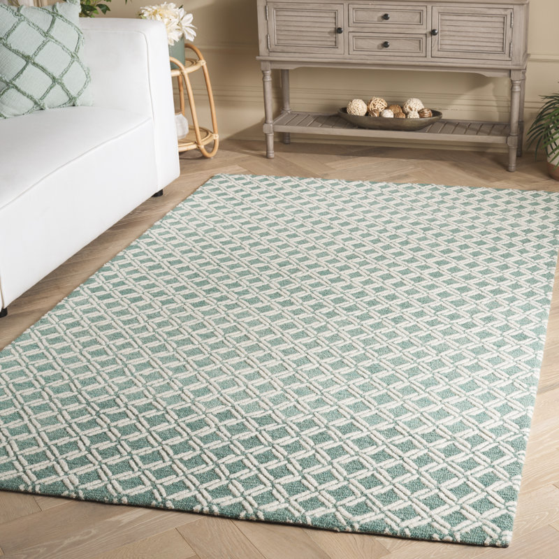 Ivory and Light Blue Geometric Handmade Wool Tufted Rug 4' x 6'