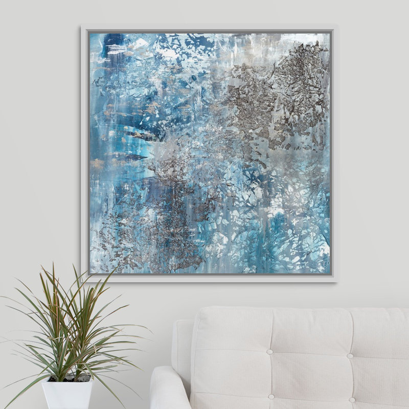 «Water and Stone», peinture sur toile, Cadre flottant blanc, H 21,7 po x l 21,7 po x P 1,75 po